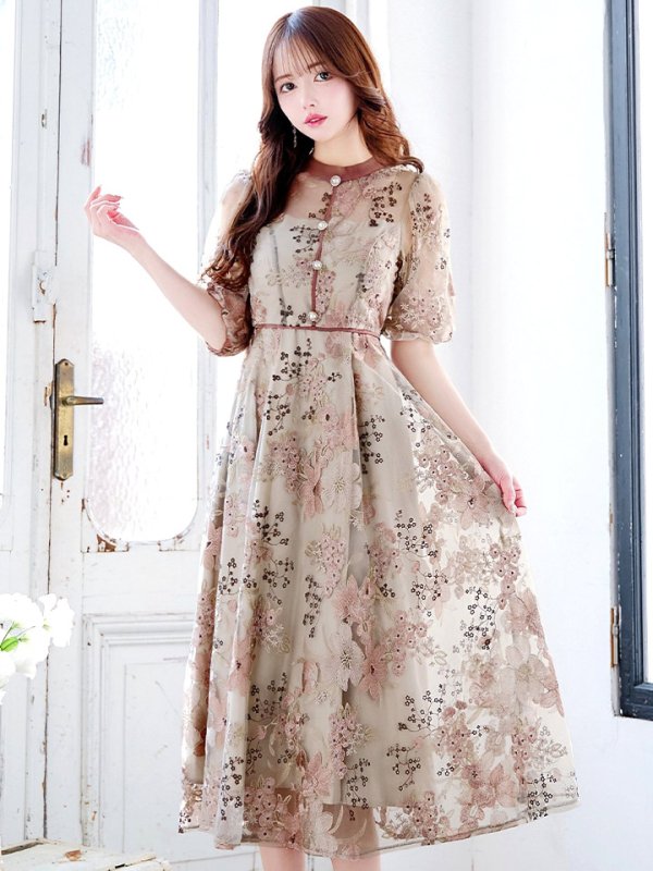 画像13: Lサイズあり【VANESSA HEART / ヴァネッサハート】【OF05】 フラワーレース/ 半袖/ 袖あり/ Aライン/ フレア/ ワンピース/ ミディアムドレス/ キャバドレス