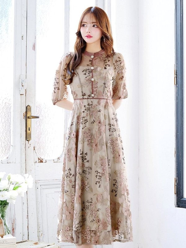 画像14: Lサイズあり【VANESSA HEART / ヴァネッサハート】【OF05】 フラワーレース/ 半袖/ 袖あり/ Aライン/ フレア/ ワンピース/ ミディアムドレス/ キャバドレス