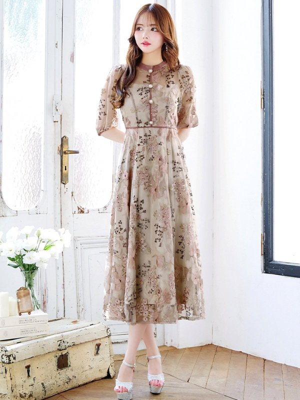 画像15: Lサイズあり【VANESSA HEART / ヴァネッサハート】【OF05】 フラワーレース/ 半袖/ 袖あり/ Aライン/ フレア/ ワンピース/ ミディアムドレス/ キャバドレス