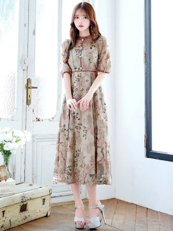 画像16: Lサイズあり【VANESSA HEART / ヴァネッサハート】【OF05】 フラワーレース/ 半袖/ 袖あり/ Aライン/ フレア/ ワンピース/ ミディアムドレス/ キャバドレス