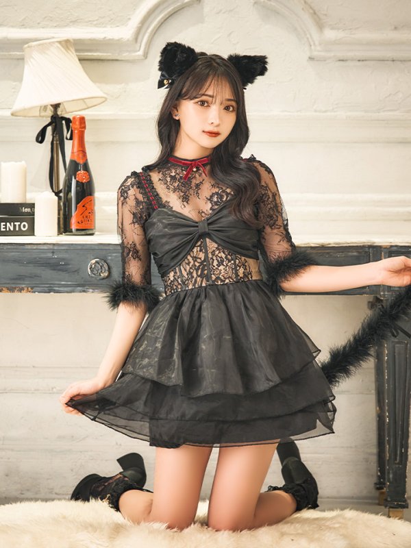 画像5: 【SALE!!】【即日発送！】【ハロウィン】 黒猫シアーレースワンピース 【コスプレ5点セット】 【S-XLサイズ/1カラー】[OF04]
