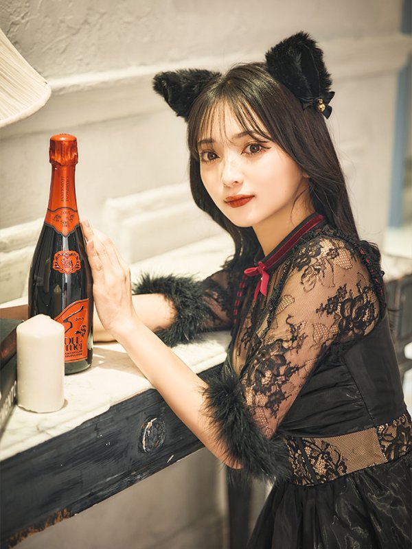 画像6: 【SALE!!】【即日発送！】【ハロウィン】 黒猫シアーレースワンピース 【コスプレ5点セット】 【S-XLサイズ/1カラー】[OF04]