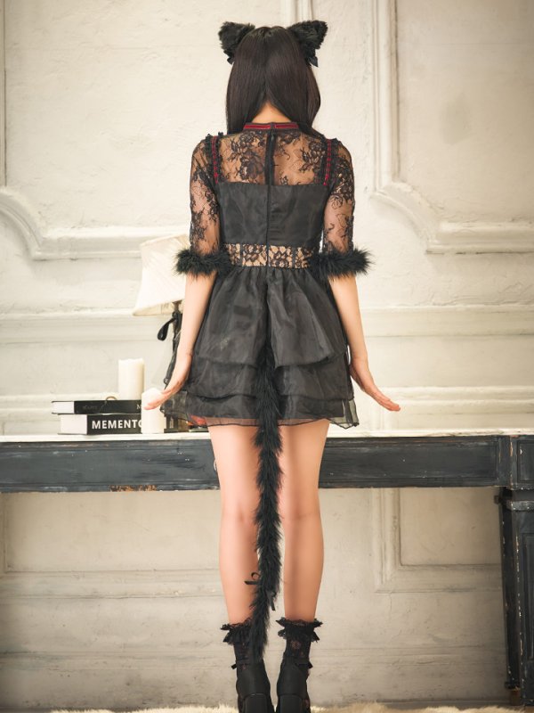 画像8: 【SALE!!】【即日発送！】【ハロウィン】 黒猫シアーレースワンピース 【コスプレ5点セット】 【S-XLサイズ/1カラー】[OF04]