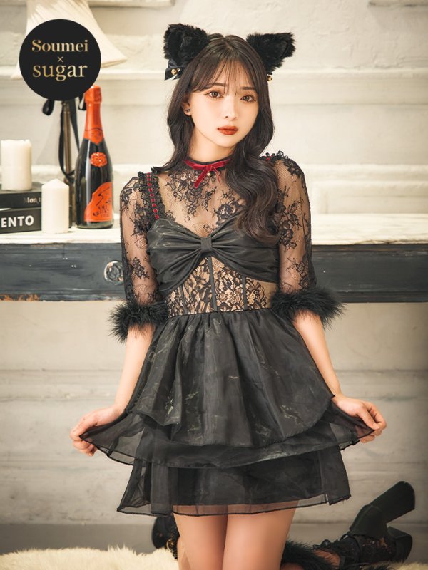 画像3: 【SALE!!】【即日発送！】【ハロウィン】 黒猫シアーレースワンピース 【コスプレ5点セット】 【S-XLサイズ/1カラー】[OF04]