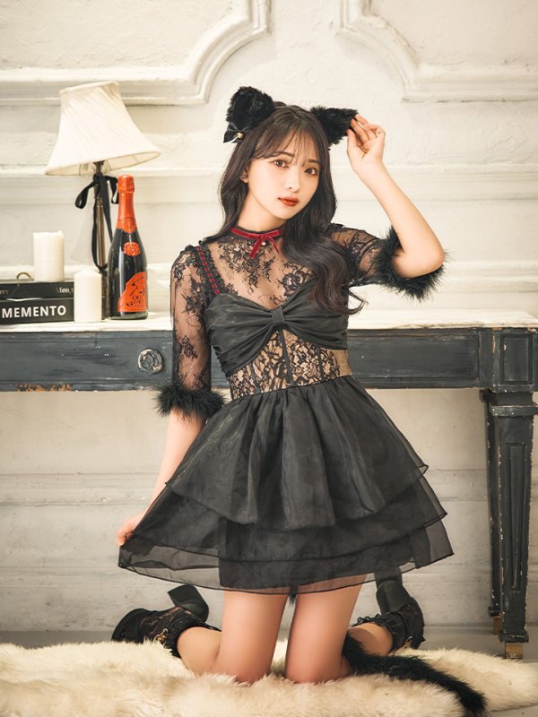 画像13: 【SALE!!】【即日発送！】【ハロウィン】 黒猫シアーレースワンピース 【コスプレ5点セット】 【S-XLサイズ/1カラー】[OF04]