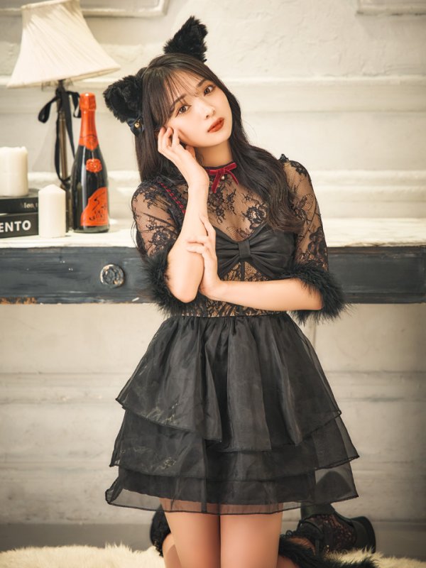 画像14: 【SALE!!】【即日発送！】【ハロウィン】 黒猫シアーレースワンピース 【コスプレ5点セット】 【S-XLサイズ/1カラー】[OF04]