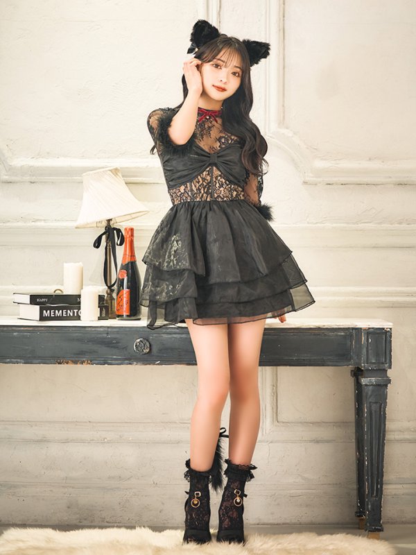 画像15: 【SALE!!】【即日発送！】【ハロウィン】 黒猫シアーレースワンピース 【コスプレ5点セット】 【S-XLサイズ/1カラー】[OF04]