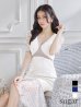 【Kylie/カイリー】シアー/ パール/ スパンコール/ パフスリーブ/ 半袖/ 袖あり/ 切替/ マーメイド/ 膝丈/ ミディアムドレス/ キャバドレス【HC03】ホワイト