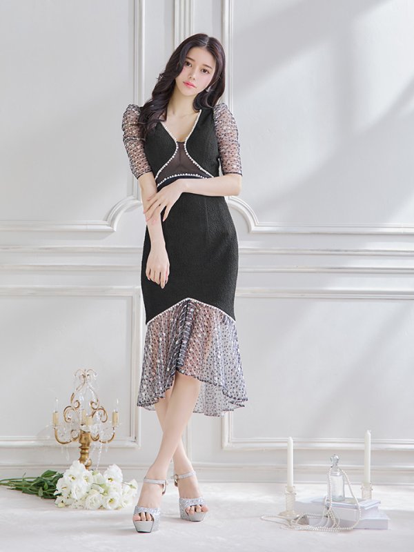 画像3: 【Kylie/カイリー】シアー/ パール/ スパンコール/ パフスリーブ/ 半袖/ 袖あり/ 切替/ マーメイド/ 膝丈/ ミディアムドレス/ キャバドレス【HC03】