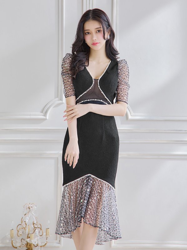 画像5: 【Kylie/カイリー】シアー/ パール/ スパンコール/ パフスリーブ/ 半袖/ 袖あり/ 切替/ マーメイド/ 膝丈/ ミディアムドレス/ キャバドレス【HC03】
