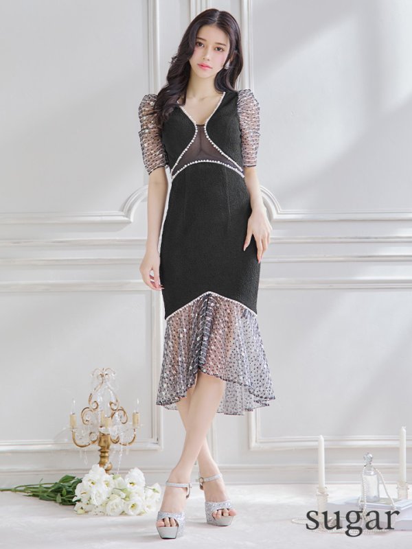 画像7: 【Kylie/カイリー】シアー/ パール/ スパンコール/ パフスリーブ/ 半袖/ 袖あり/ 切替/ マーメイド/ 膝丈/ ミディアムドレス/ キャバドレス【HC03】