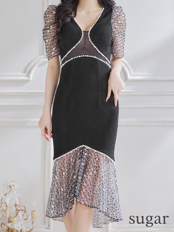 画像8: 【Kylie/カイリー】シアー/ パール/ スパンコール/ パフスリーブ/ 半袖/ 袖あり/ 切替/ マーメイド/ 膝丈/ ミディアムドレス/ キャバドレス【HC03】