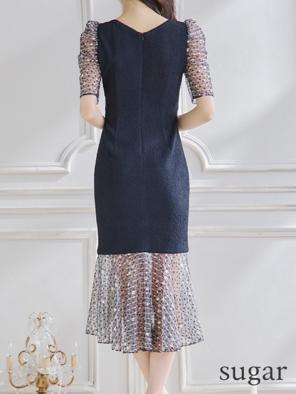 画像9: 【Kylie/カイリー】シアー/ パール/ スパンコール/ パフスリーブ/ 半袖/ 袖あり/ 切替/ マーメイド/ 膝丈/ ミディアムドレス/ キャバドレス【HC03】