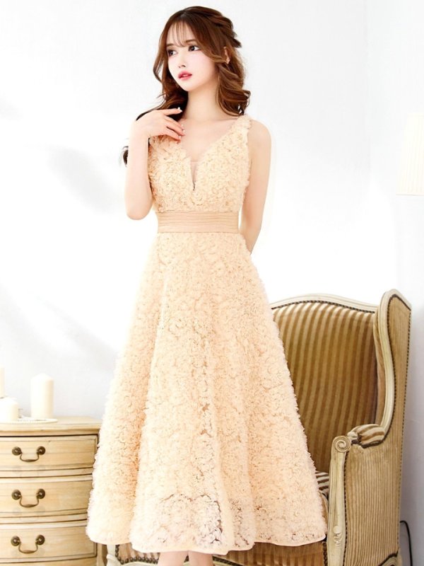 画像17: Lサイズあり【CLEO CLOE/ クレオ クロエ】 パーティードレス/ ステージドレス/ イベントドレス/ 立体フラワー/ バストシアー/ フレア/ ミモレ丈/ ミディアムドレス long[OF05]