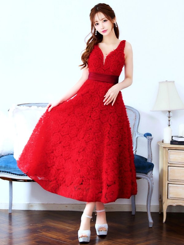 画像9: Lサイズあり【CLEO CLOE/ クレオ クロエ】 パーティードレス/ ステージドレス/ イベントドレス/ 立体フラワー/ バストシアー/ フレア/ ミモレ丈/ ミディアムドレス long[OF05]