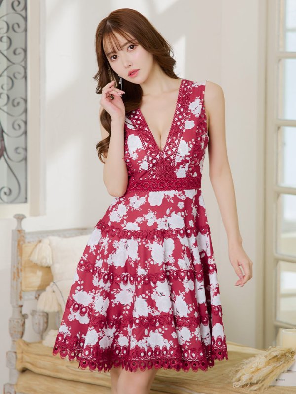 画像17: XS-Lサイズあり【ERUKEI エルケイ】フラワープリント/ Vネック/ ノースリーブ/ ひざ丈/ Aライン/ フレア/ ワンピース/ ミディアムドレス/ キャバドレス[OF2]