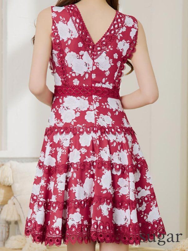 画像20: XS-Lサイズあり【ERUKEI エルケイ】フラワープリント/ Vネック/ ノースリーブ/ ひざ丈/ Aライン/ フレア/ ワンピース/ ミディアムドレス/ キャバドレス[OF2]