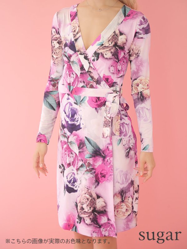 画像3: XS〜Lサイズあり【ERUKEI エルケイ】長袖/フラワープリント/ カシュクール/ ロングスリーブ/ キャバドレス[OF2]