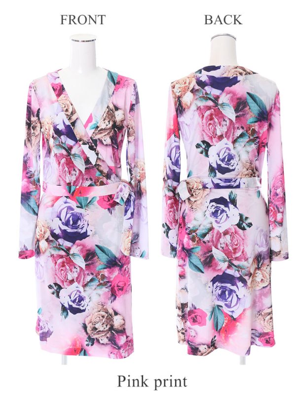 画像5: XS〜Lサイズあり【ERUKEI エルケイ】長袖/フラワープリント/ カシュクール/ ロングスリーブ/ キャバドレス[OF2]