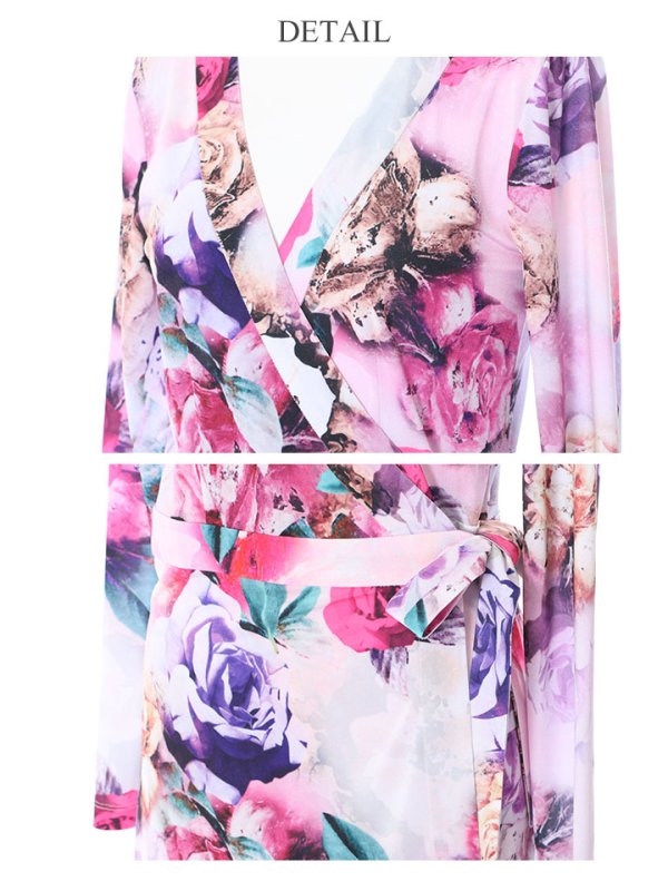 画像7: XS〜Lサイズあり【ERUKEI エルケイ】長袖/フラワープリント/ カシュクール/ ロングスリーブ/ キャバドレス[OF2]