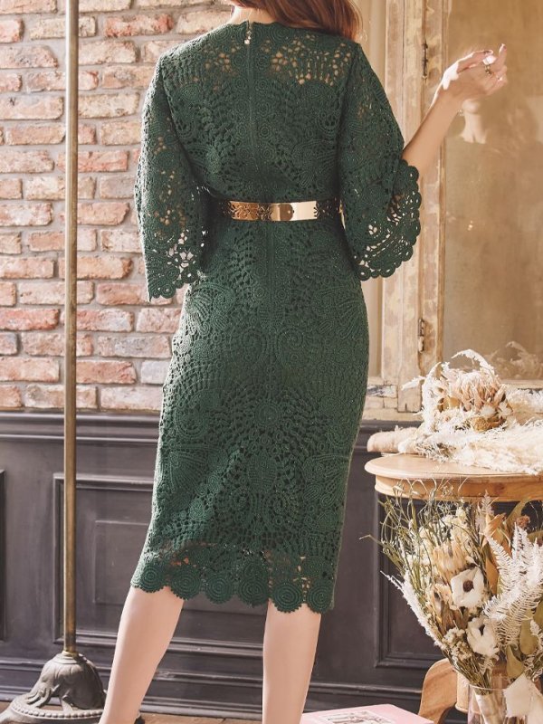 画像13: L-XLサイズあり【ERUKEI エルケイ】ケミカルレース/ ベルスリーブ/ 七分袖/ 長袖/ 袖あり/ ミディアム丈/ ワンピース/ タイト/ ミニドレス/ キャバドレス[OF2]