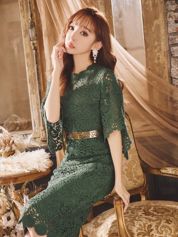 画像7: L-XLサイズあり【ERUKEI エルケイ】ケミカルレース/ ベルスリーブ/ 七分袖/ 長袖/ 袖あり/ ミディアム丈/ ワンピース/ タイト/ ミニドレス/ キャバドレス[OF2]