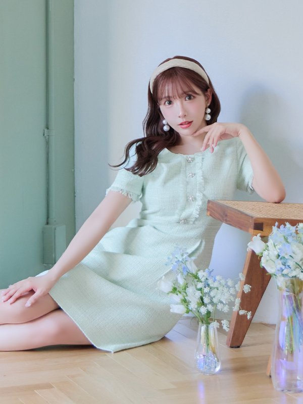 画像6: 【GINZA COUTURE/銀座クチュール】【XS-Lサイズあり】ツイード/ ノースリーブ/ パールボタン/ Aライン/ フレア/ ワンピース/ ミニドレス/ キャバドレス[OF2]