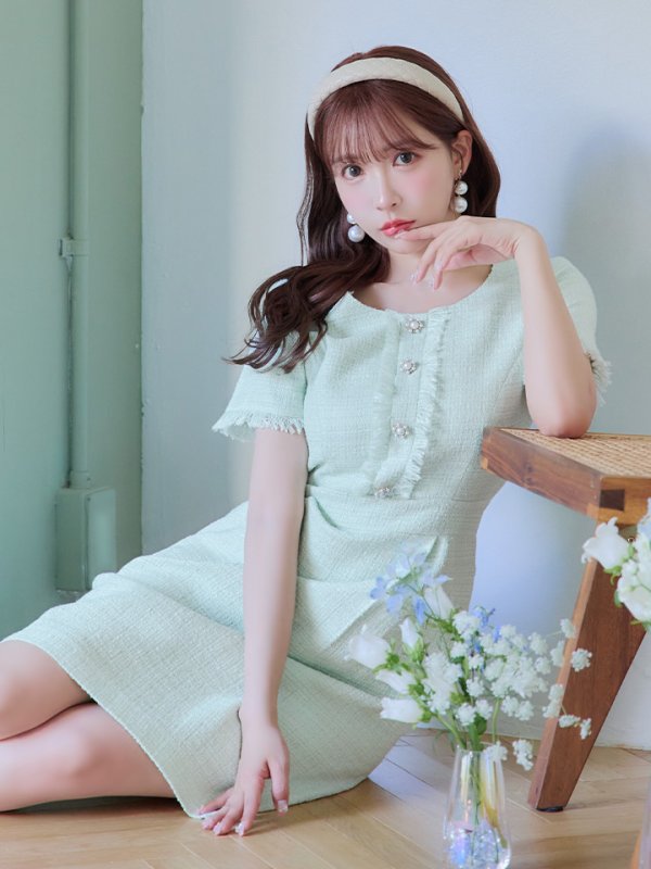 画像7: 【GINZA COUTURE/銀座クチュール】【XS-Lサイズあり】ツイード/ ノースリーブ/ パールボタン/ Aライン/ フレア/ ワンピース/ ミニドレス/ キャバドレス[OF2]