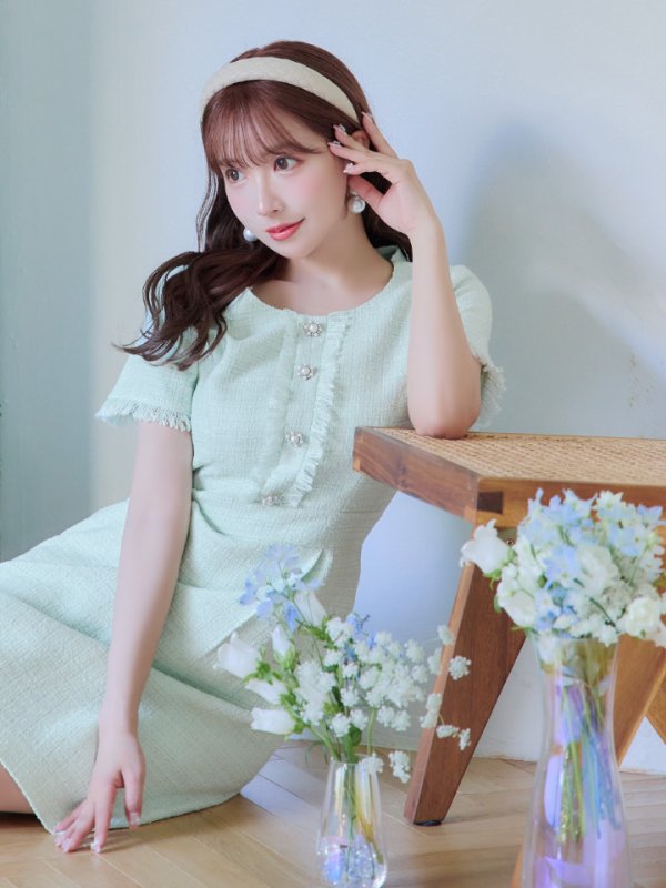 画像8: 【GINZA COUTURE/銀座クチュール】【XS-Lサイズあり】ツイード/ ノースリーブ/ パールボタン/ Aライン/ フレア/ ワンピース/ ミニドレス/ キャバドレス[OF2]