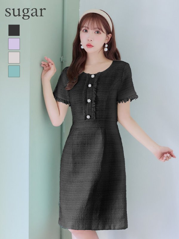 【GINZA COUTURE/銀座クチュール】【XS-Lサイズあり】ツイード/ ノースリーブ/ パールボタン/ Aライン/ フレア/ ワンピース/ ミニドレス/ キャバドレス　ブラック