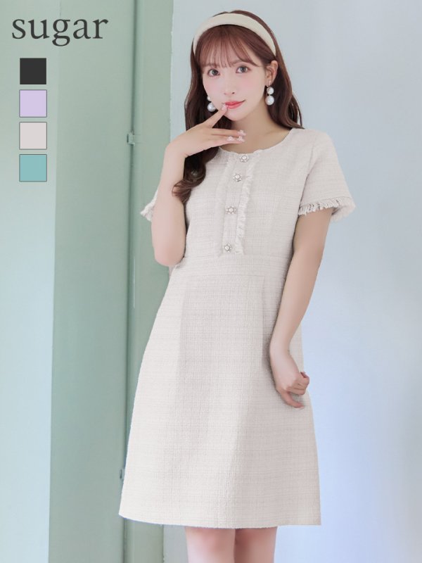 【GINZA COUTURE/銀座クチュール】【XS-Lサイズあり】ツイード/ ノースリーブ/ パールボタン/ Aライン/ フレア/ ワンピース/ ミニドレス/ キャバドレス　ホワイト