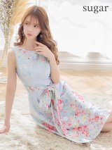 XS-Lサイズあり 【GINZA COUTURE/銀座クチュール】フラワープリント/ リボンベルト/ ノースリーブ/ フレア/ ミディアム丈/ ワンピース/ キャバドレス[OF2]