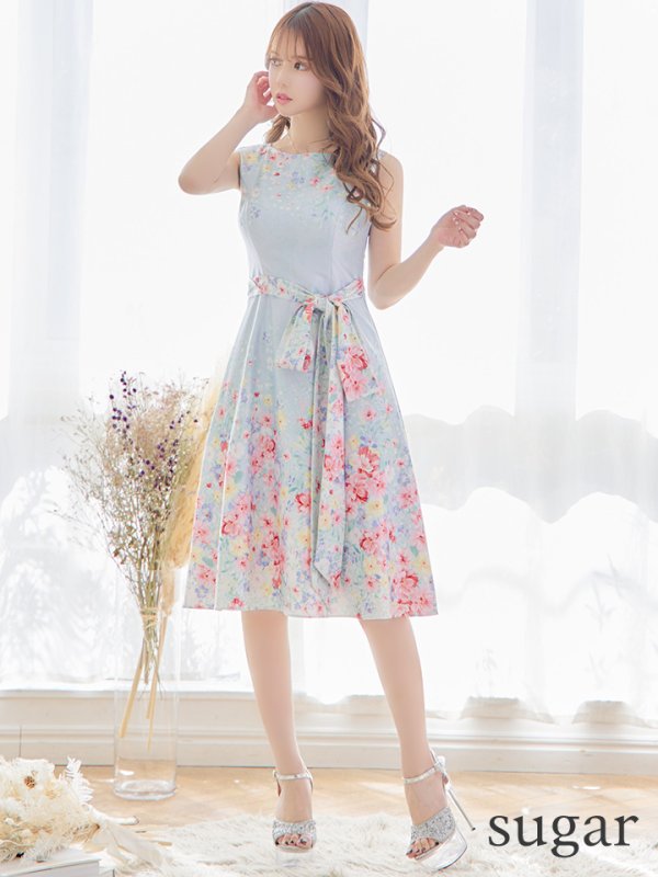 画像7: XS-Lサイズあり 【GINZA COUTURE/銀座クチュール】フラワープリント/ リボンベルト/ ノースリーブ/ フレア/ ミディアム丈/ ワンピース/ キャバドレス[OF2]