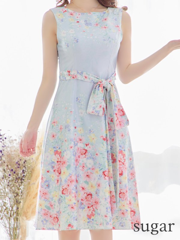 画像8: XS-Lサイズあり 【GINZA COUTURE/銀座クチュール】フラワープリント/ リボンベルト/ ノースリーブ/ フレア/ ミディアム丈/ ワンピース/ キャバドレス[OF2]