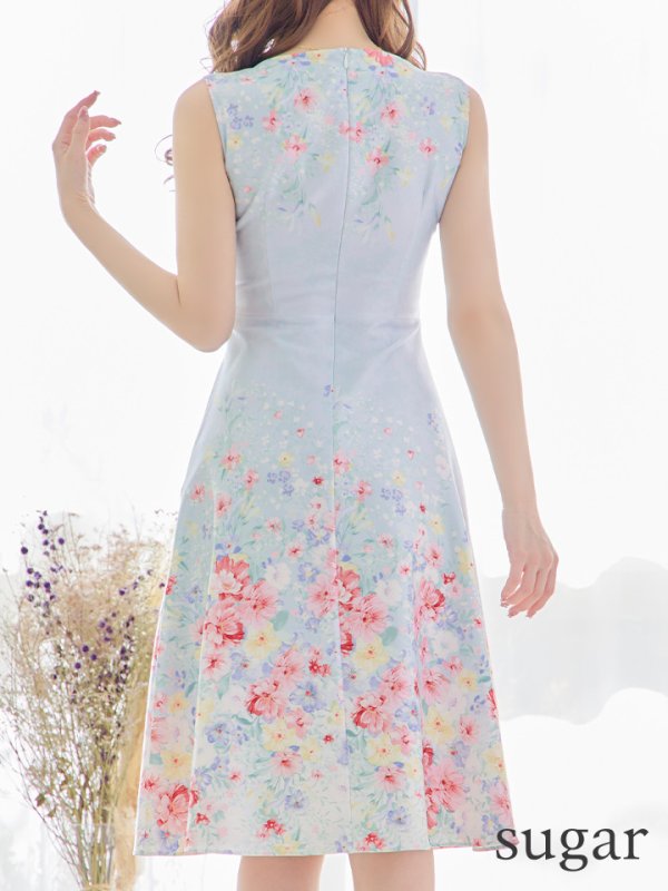 画像9: XS-Lサイズあり 【GINZA COUTURE/銀座クチュール】フラワープリント/ リボンベルト/ ノースリーブ/ フレア/ ミディアム丈/ ワンピース/ キャバドレス[OF2]