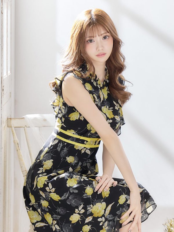 画像2: XS-Lサイズあり 【GINZA COUTURE/銀座クチュール】フラワープリント/ ノースリーブ/ フレア/ ミディアム丈/ ひざ丈/ ワンピース/ キャバドレス[OF2]