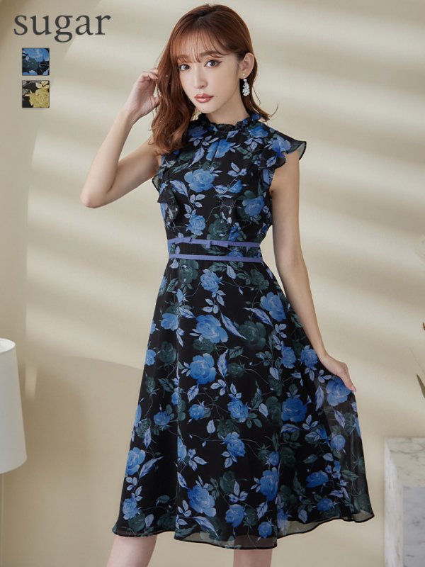 画像2: XS-Lサイズあり 【GINZA COUTURE/銀座クチュール】フラワープリント/ ノースリーブ/ フレア/ ミディアム丈/ ひざ丈/ ワンピース/ キャバドレス[OF2]