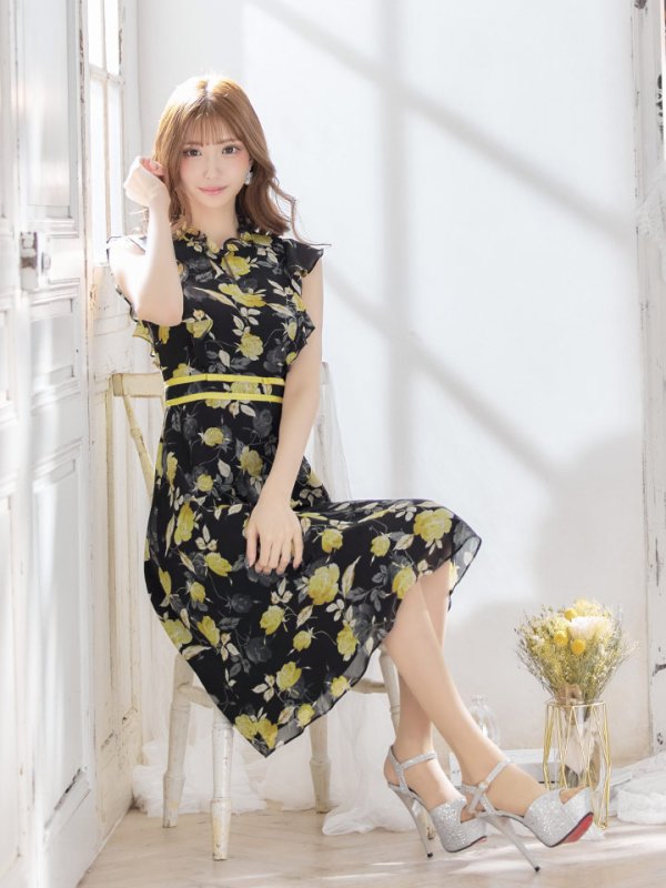 画像6: XS-Lサイズあり 【GINZA COUTURE/銀座クチュール】フラワープリント/ ノースリーブ/ フレア/ ミディアム丈/ ひざ丈/ ワンピース/ キャバドレス[OF2]