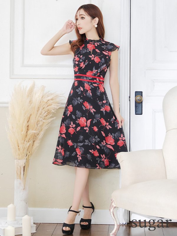 画像7: XS-Lサイズあり 【GINZA COUTURE/銀座クチュール】フラワープリント/ ノースリーブ/ フレア/ ミディアム丈/ ひざ丈/ ワンピース/ キャバドレス[OF2]