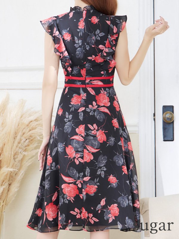 画像9: XS-Lサイズあり 【GINZA COUTURE/銀座クチュール】フラワープリント/ ノースリーブ/ フレア/ ミディアム丈/ ひざ丈/ ワンピース/ キャバドレス[OF2]