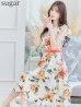 XS-Lサイズあり【GINZA COUTURE/銀座クチュール】フラワープリント/ フリル袖/ フレア/ ミディアム丈/ ひざ丈/ ワンピース/ キャバドレス　ホワイト