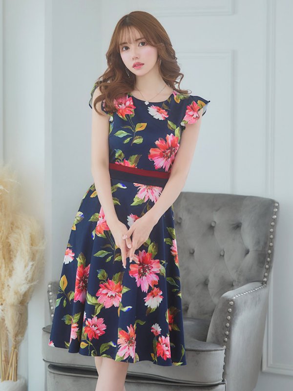 画像2: XS-Lサイズあり 【GINZA COUTURE/銀座クチュール】フラワープリント/ フリル袖/ フレア/ ミディアム丈/ ひざ丈/ ワンピース/ キャバドレス[OF2]