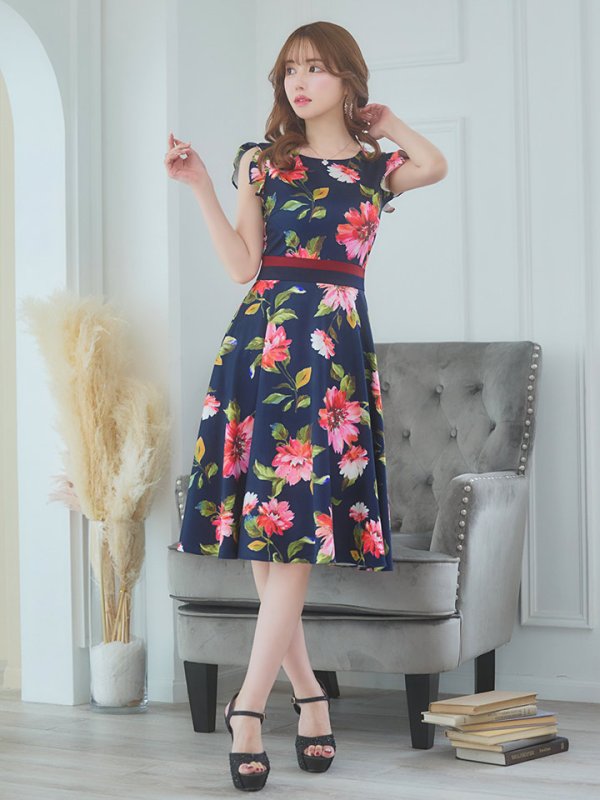 画像22: XS-Lサイズあり 【GINZA COUTURE/銀座クチュール】フラワープリント/ フリル袖/ フレア/ ミディアム丈/ ひざ丈/ ワンピース/ キャバドレス[OF2]