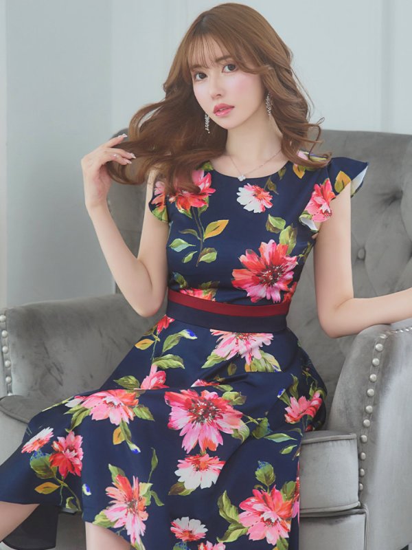 画像23: XS-Lサイズあり 【GINZA COUTURE/銀座クチュール】フラワープリント/ フリル袖/ フレア/ ミディアム丈/ ひざ丈/ ワンピース/ キャバドレス[OF2]