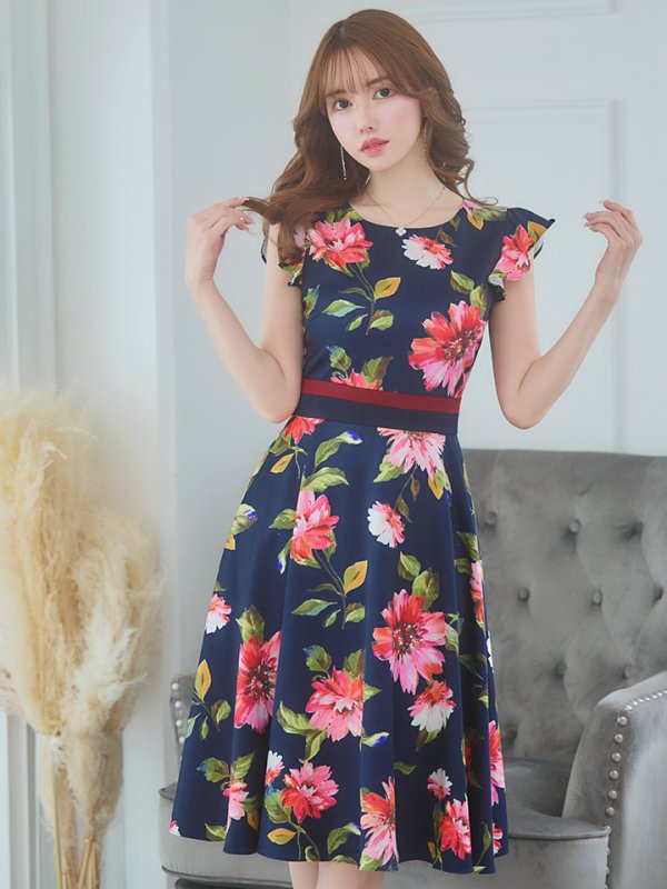 画像24: XS-Lサイズあり 【GINZA COUTURE/銀座クチュール】フラワープリント/ フリル袖/ フレア/ ミディアム丈/ ひざ丈/ ワンピース/ キャバドレス[OF2]