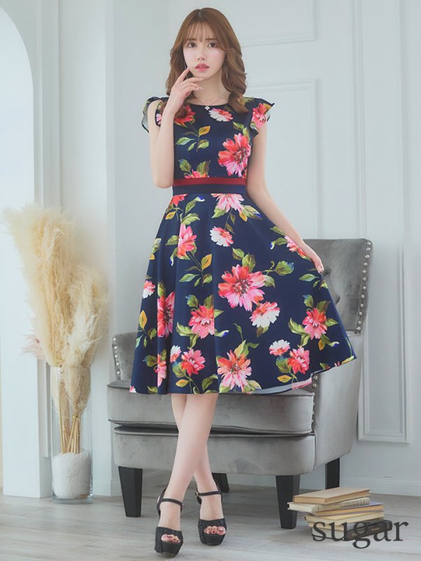 画像25: XS-Lサイズあり 【GINZA COUTURE/銀座クチュール】フラワープリント/ フリル袖/ フレア/ ミディアム丈/ ひざ丈/ ワンピース/ キャバドレス[OF2]