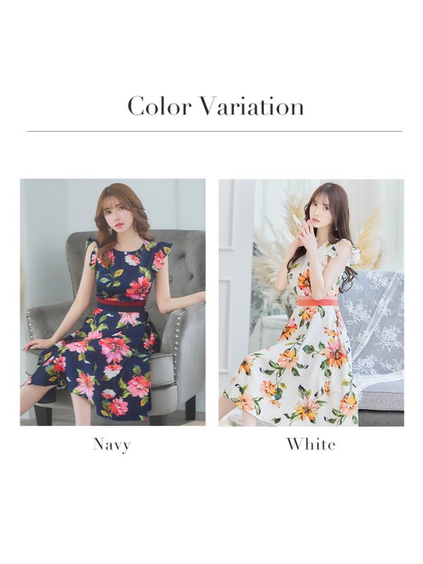 画像17: XS-Lサイズあり 【GINZA COUTURE/銀座クチュール】フラワープリント/ フリル袖/ フレア/ ミディアム丈/ ひざ丈/ ワンピース/ キャバドレス[OF2]