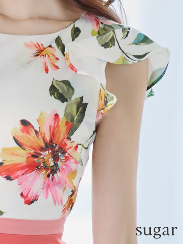 画像10: XS-Lサイズあり 【GINZA COUTURE/銀座クチュール】フラワープリント/ フリル袖/ フレア/ ミディアム丈/ ひざ丈/ ワンピース/ キャバドレス[OF2]