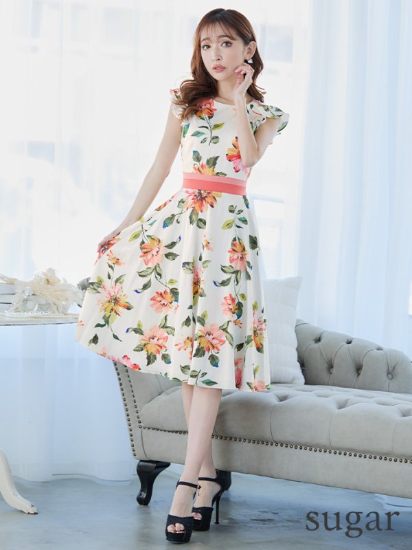 画像7: XS-Lサイズあり 【GINZA COUTURE/銀座クチュール】フラワープリント/ フリル袖/ フレア/ ミディアム丈/ ひざ丈/ ワンピース/ キャバドレス[OF2]