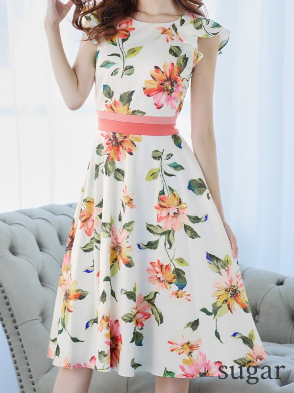 画像8: XS-Lサイズあり 【GINZA COUTURE/銀座クチュール】フラワープリント/ フリル袖/ フレア/ ミディアム丈/ ひざ丈/ ワンピース/ キャバドレス[OF2]